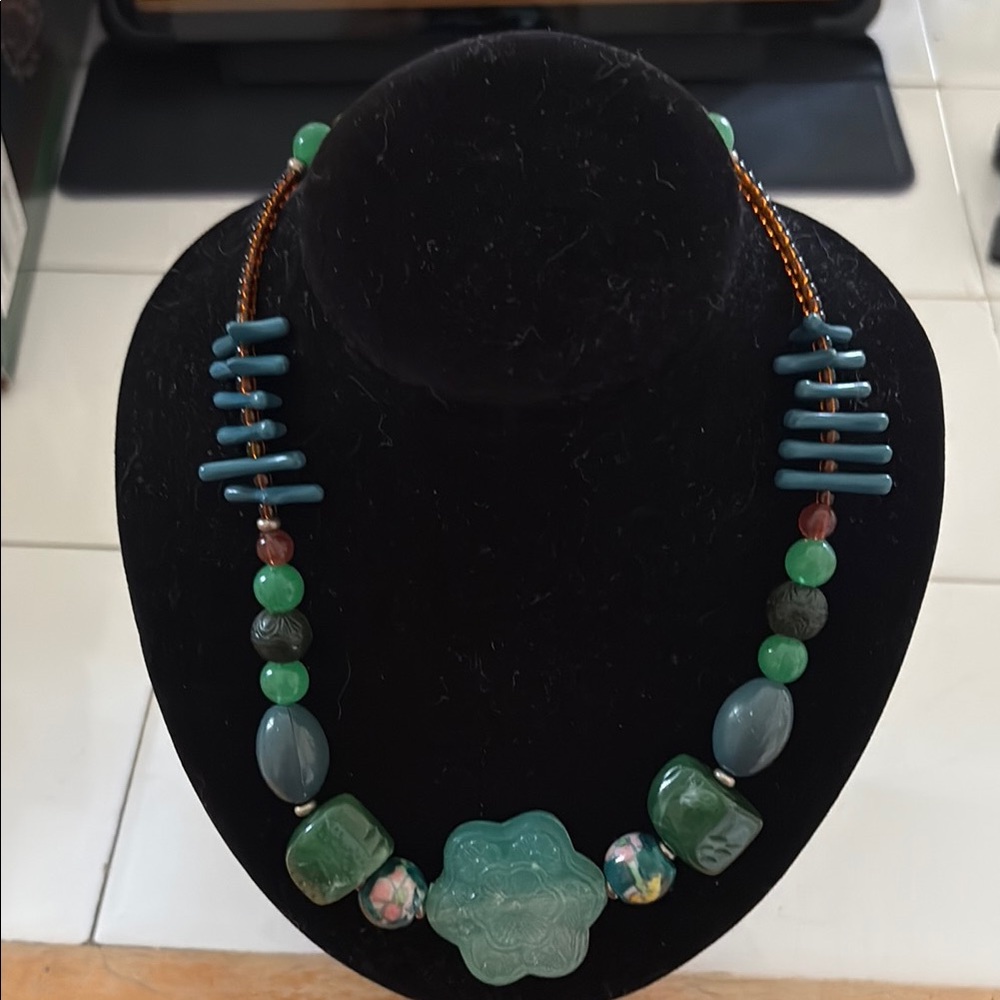 Robert Rose Green and Blue Beaded Necklace